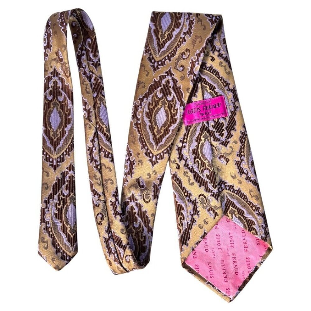 Louis Feraud‎ Paris Designer Silk Tie brown/gold Geometric Pattern 4.5"